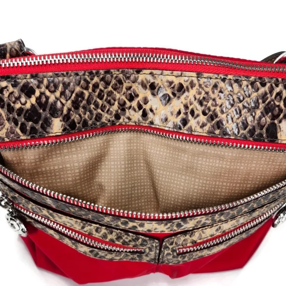 Brighton GoGo Red Nylon Black-Tan Snake Print Leather Convertable Crossbody Bag - Picture 7 of 16